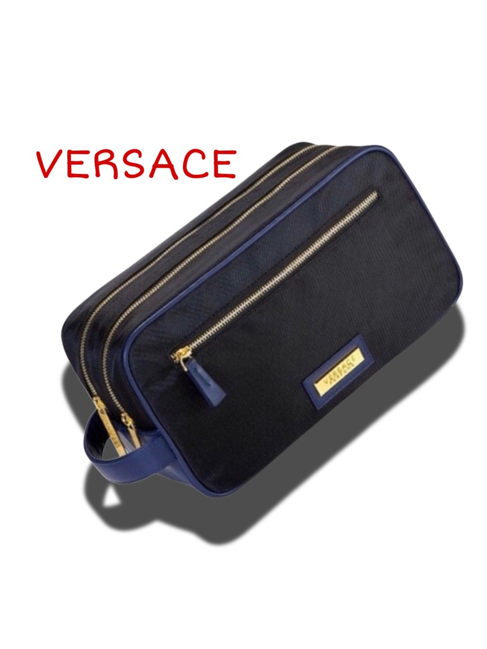 VERSACE  
Black and Blue Double-Zip Toiletry Kit with Gold Hardware